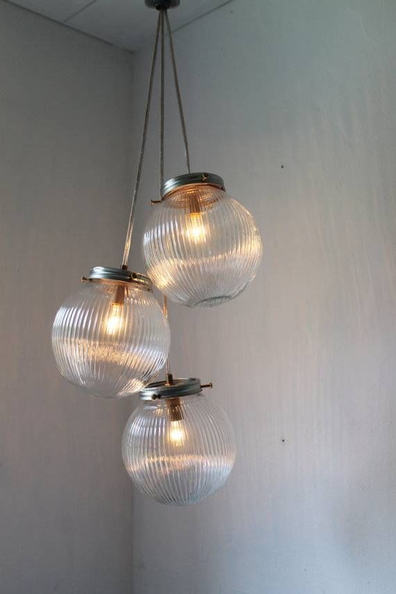 Sparkling Cluster Chandelier Lighting Fixture 3 Round Ribbed Inside Cluster Glass Pendant Lights Fixtures (View 7 of 15)