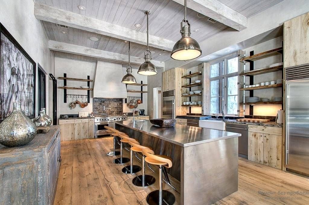 Stylish Industrial Kitchen With Exposed Beams Ceiling And Regarding Stainless Steel Industrial Pendant Lights (View 5 of 15)