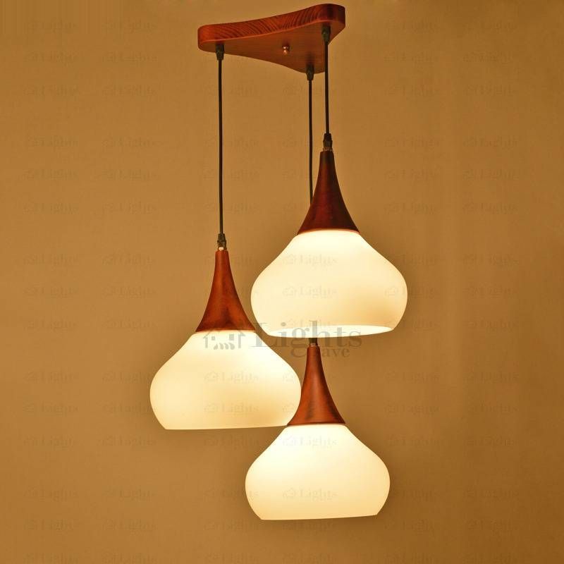 Three Light Wooden And Glass Multi Pendant Lights Pertaining To Wooden Pendant Lights (View 7 of 15)