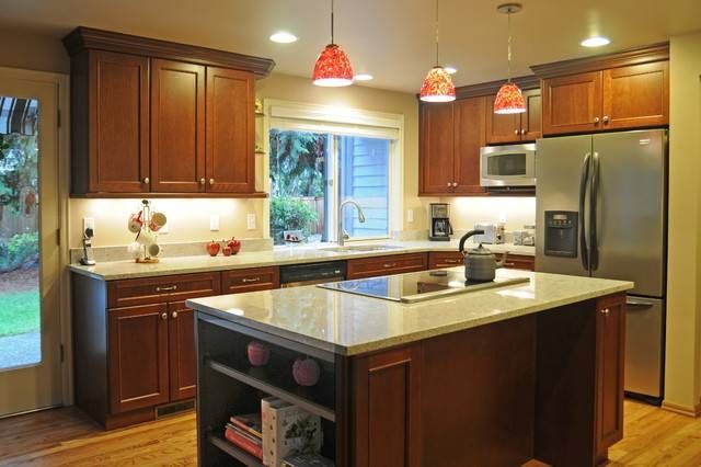 U Shape Kitchen With Red Pendant Lighting Over Island Inside Red Kitchen Pendant Lights (Photo 4 of 15)