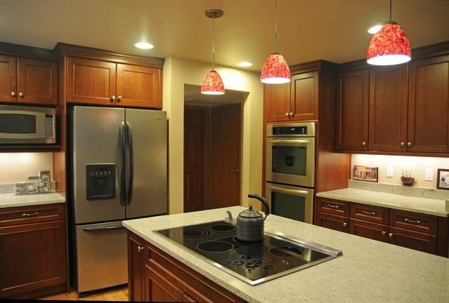 U Shape Kitchen With Red Pendant Lighting Over Island Inside Red Kitchen Pendant Lights (Photo 3 of 15)