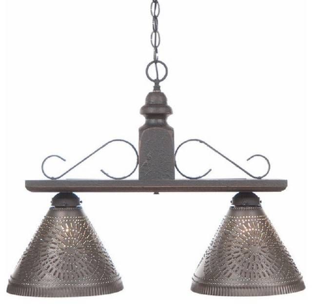 Wood And Iron Island Bar Light With Punched Tin Shades Pertaining To Punched Tin Lighting Fixtures (View 11 of 15)