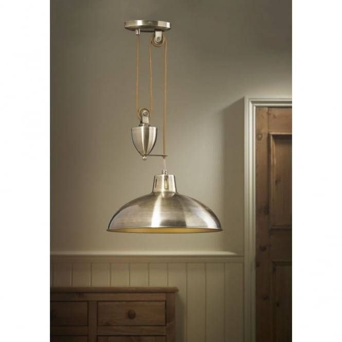 Antique Brass Metal Rise And Fall Ceiling Light For Over Table Within Most Recently Released Up And Down Pendant Lights (View 15 of 15)