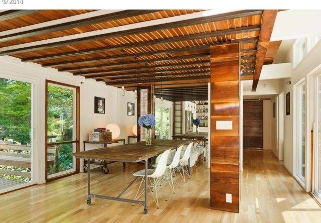 Contemporary Dining Room With Wood Ceiling & Exposed Beam In Lake Intended For Bare Bulb Filament Pendants (Photo 9 of 15)