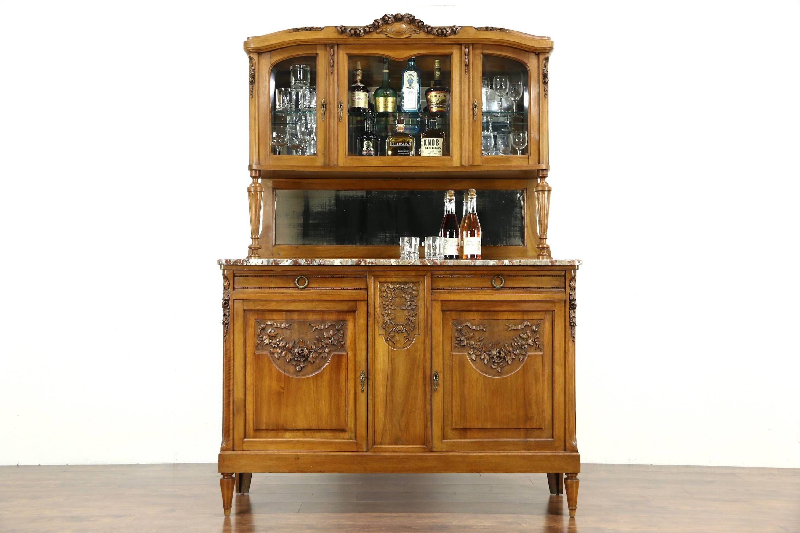 French Antique Carved Sideboard & China Cabinet, Marble Top In French Sideboard Cabinets (View 10 of 15)