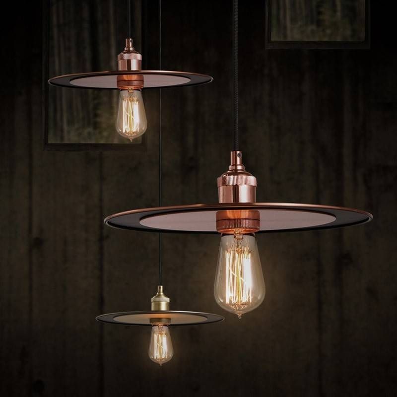 Industrial Metal Flat Shade 1 Light Pendant Lamp In Copper / Brass Throughout Most Current Flat Pendant Lights (Photo 12 of 15)