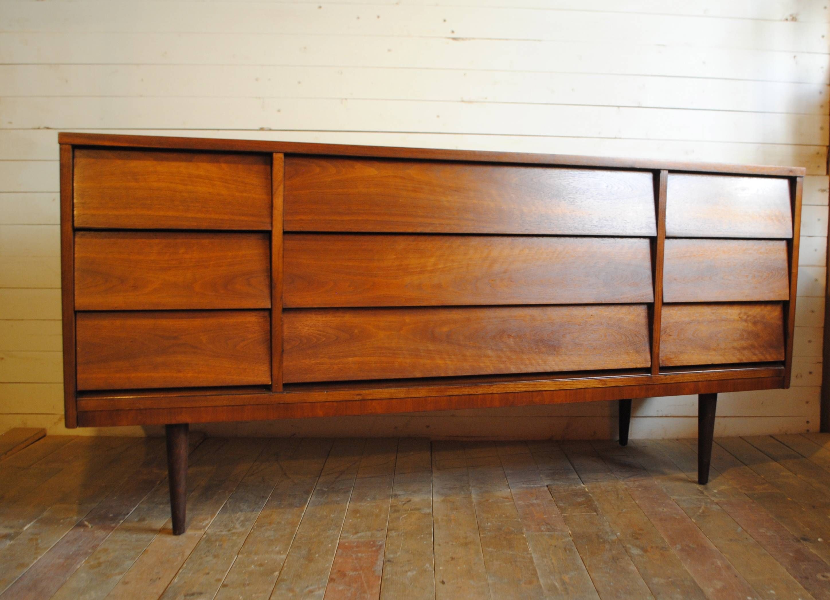 Mid Century Modern Walnut Nine Drawer Dresser / Credenza | Phylum Inside Modern Walnut Sideboards (Photo 12 of 15)