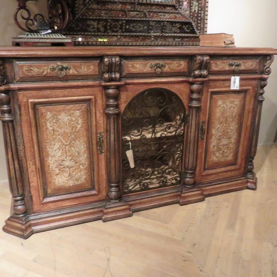 Olde World Rustic Iron Sideboard Buffet With Wrought Iron Scroll Within Hand Painted Sideboards (Photo 3 of 15)