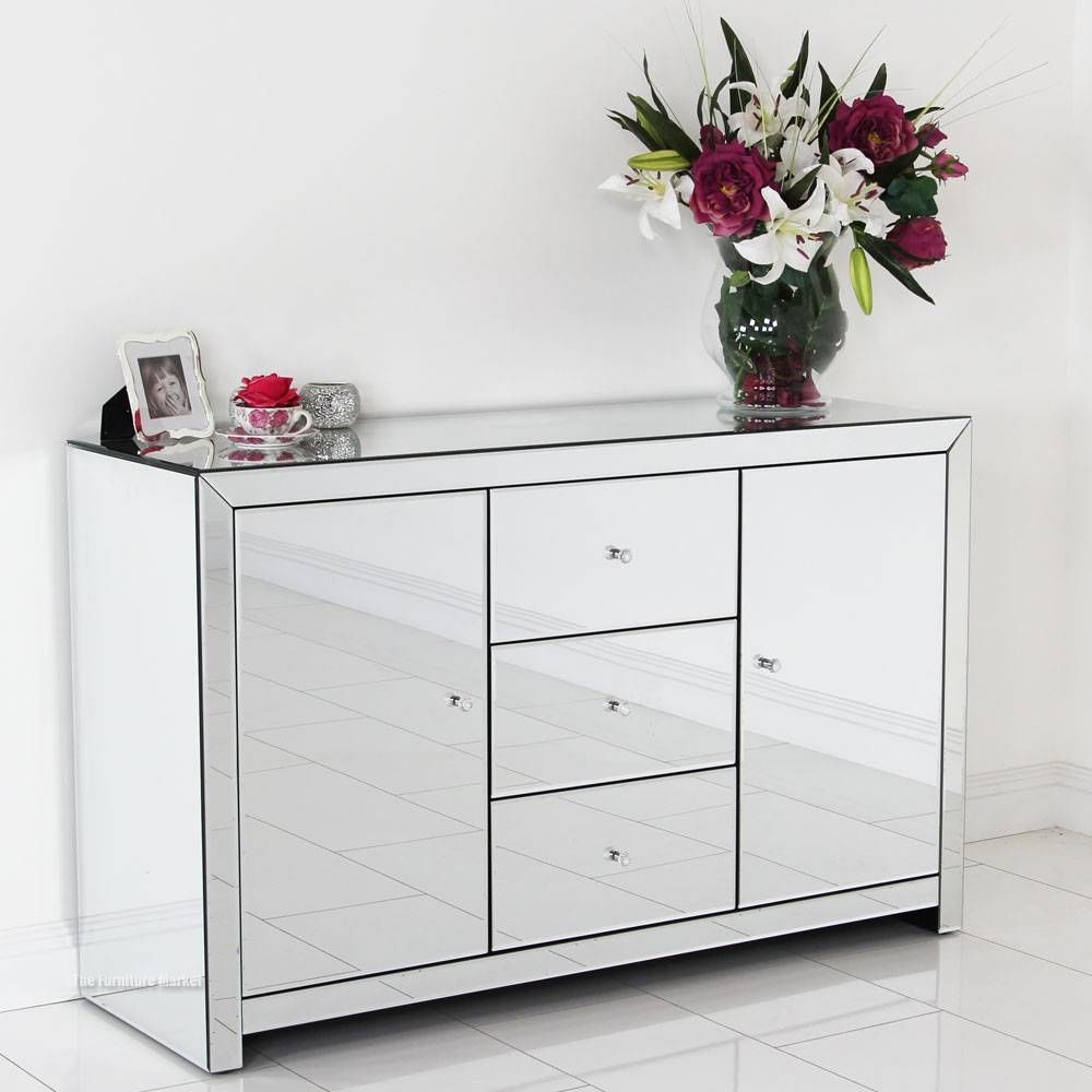Sideboards: Glamorous White Mirrored Credenza Mirrored Sideboard Inside White Glass Sideboards (Photo 6 of 15)