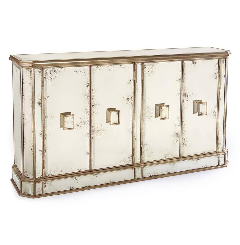 Solange Hollywood Regency Antique Mirror Silver 4 Door Sideboard Intended For Mirrored Sideboards And Buffets (View 13 of 15)