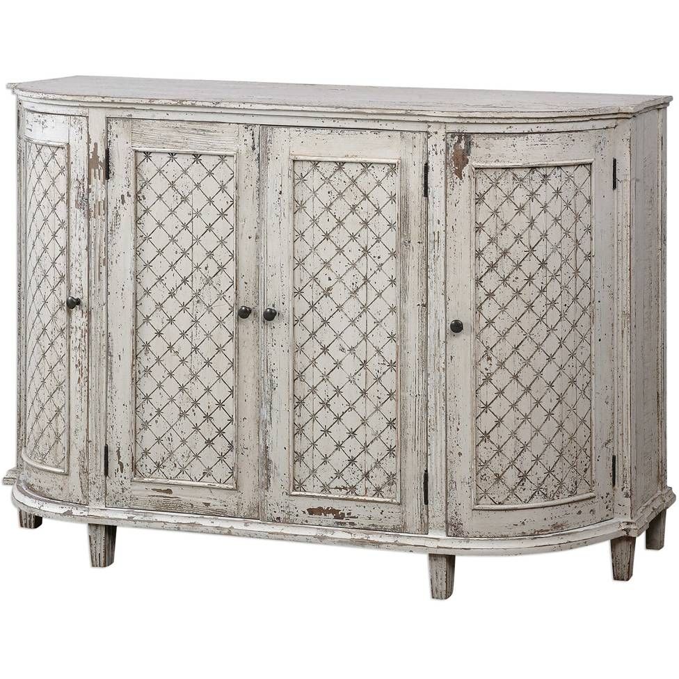 White Farmhouse Curved Sideboard – Aged Eyelet Motif Throughout Curved Sideboards (View 5 of 15)