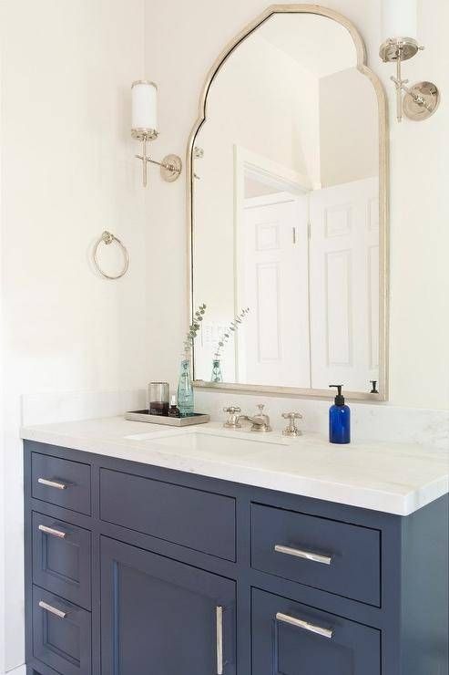 Blue Bath Vanity With Uttermost Kenitra Arch Wall Mirror Pertaining To Bathroom Vanity Wall Mirrors (Photo 13 of 15)