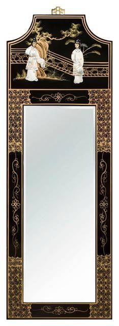 Chinese Wall Mirror With Black Lacquer Wood Frame – Asian – Wall Inside Asian Wall Mirrors (Photo 8 of 15)