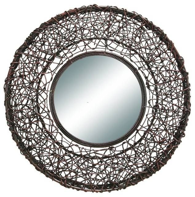 Contemporary Style Round Wall Mirror Woven Brown Rattan Frame With Regard To Rattan Wall Mirrors (Photo 4 of 15)