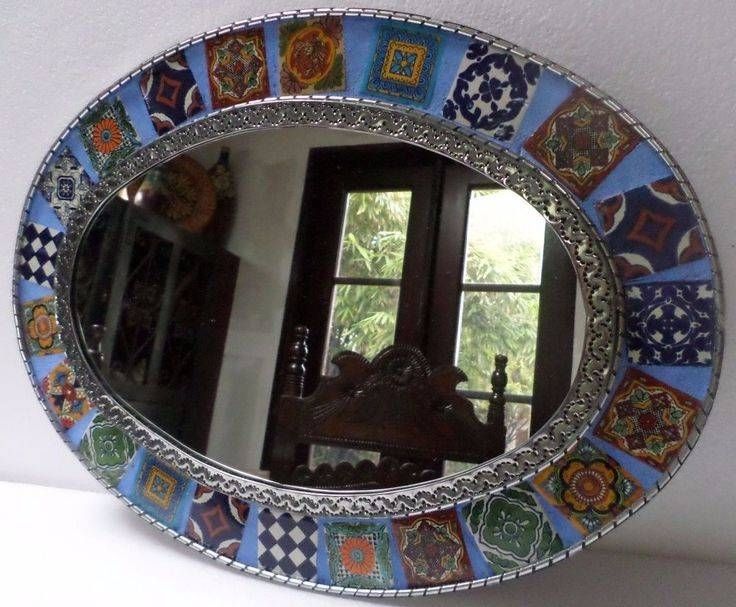 D❤️large 22x16" Mexican Folk Art Punched Tin Talavera Tile Oval Inside Mexican Wall Mirrors (Photo 15 of 15)