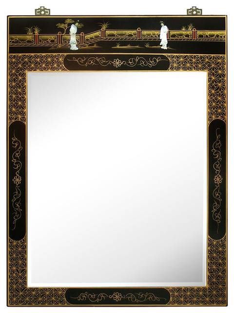 Hand Painted Black Lacquer Mirror – Asian – Wall Mirrors – With Regard To Asian Wall Mirrors (View 15 of 15)