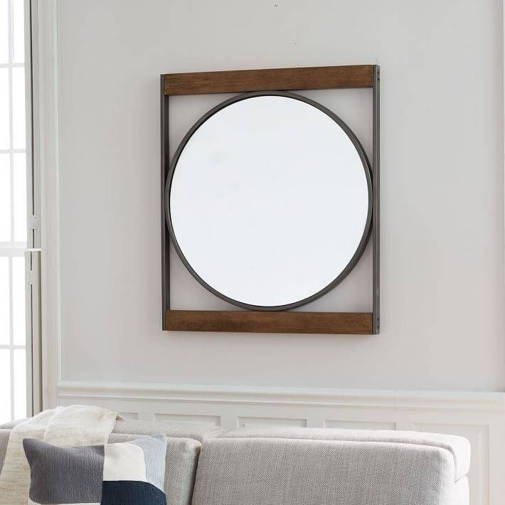 Industrial Metal + Wood Round Wall Mirror | West Elm Throughout Circle Wall Mirrors (Photo 5 of 15)