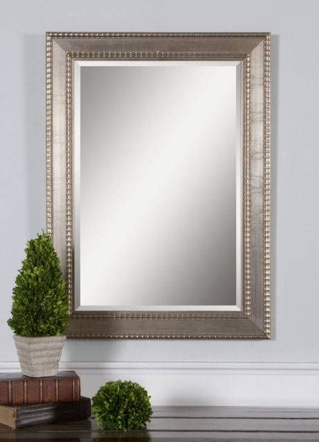 Large Silver Champagne Beaded Rectangular Beveled Almena Vanity Regarding Silver Beaded Wall Mirrors (View 10 of 15)