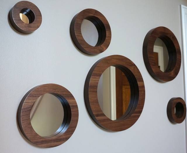 Porthole Mirror Set Six Solid Walnut Round Wall Mirrors Modern Intended For Round Wall Mirror Sets (View 6 of 15)