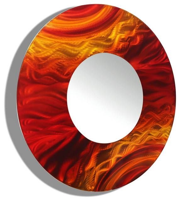 Red And Orange Contemporary Round Wall Mirror 116jon Allen Inside Large Red Wall Mirrors (Photo 6 of 15)