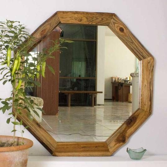 Wall Mirror Octagon Teak Wood Frame Thai Decor 34" Grey Oak Walnut For Octagon Wall Mirrors (Photo 11 of 15)