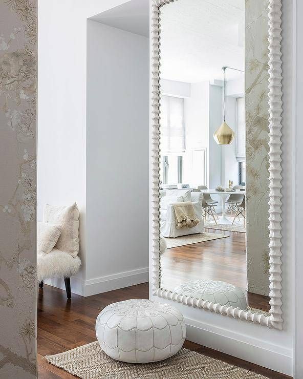 White Moroccan Leather Pouf With Herringbone Jute Rug Pertaining To Full Length White Wall Mirrors (Photo 15 of 15)