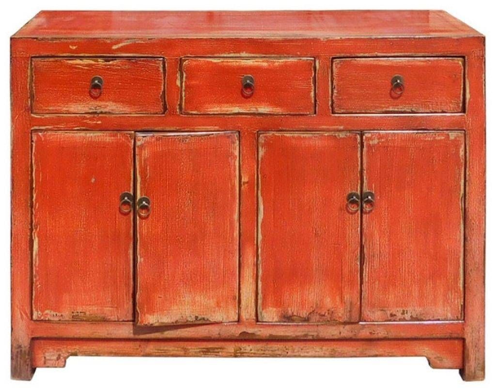Sideboard Chinese Distressed Rustic Orange Red Sideboard Buffet With Newest Red Sideboards Buffets (View 10 of 15)