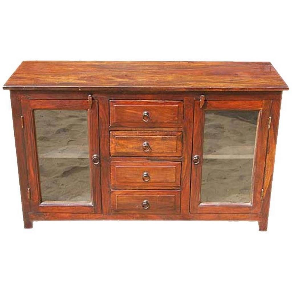 Sideboard Rustic Solid Wood Glass Door 4 Drawer Sideboard In Within Most Popular Sideboards With Glass Doors And Drawers (View 12 of 15)