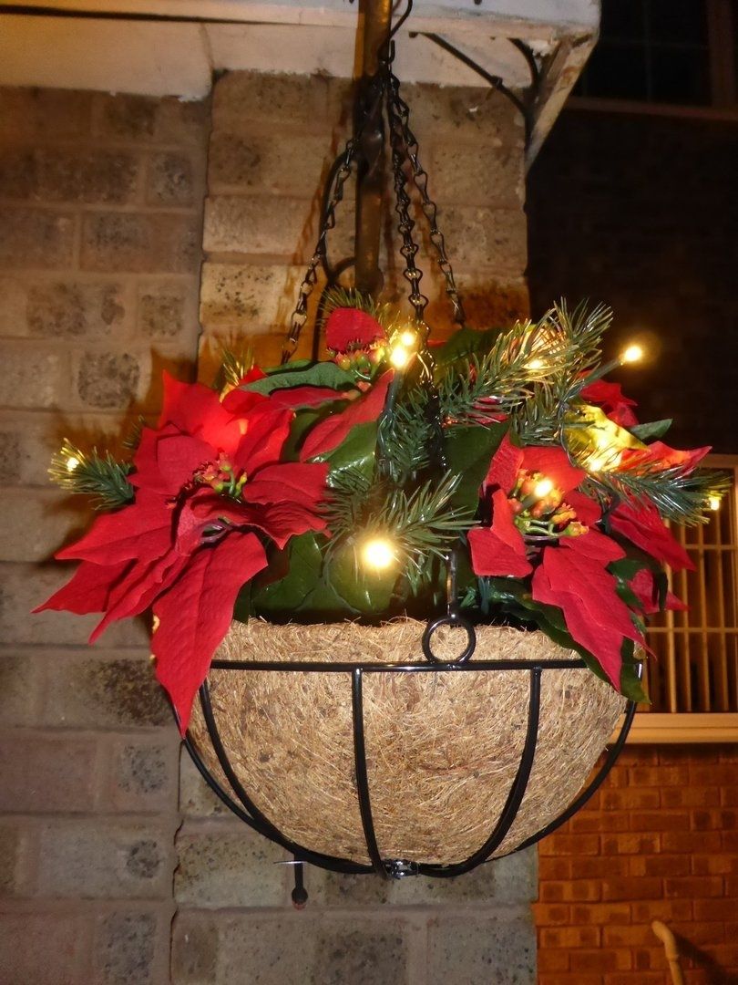 30cm Christmas Artificial Poinsettia Hanging Basket – Warm White Led Within Outdoor Hanging Basket Lights (View 12 of 15)