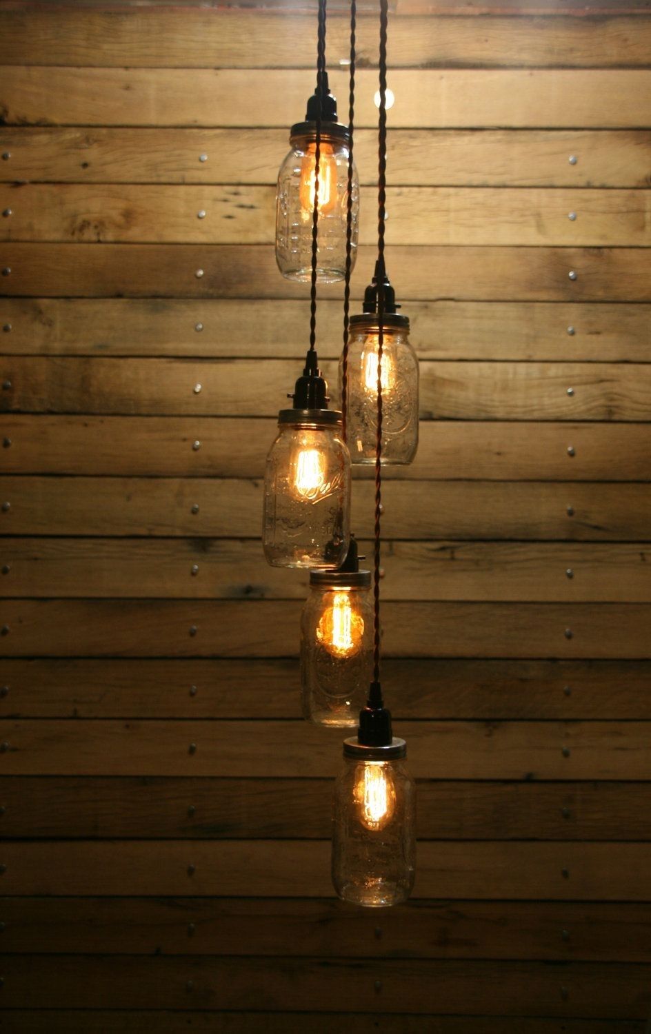5 Jar Pendant Light – Mason Jar Chandelier Light – Staggered Length Regarding Outdoor Hanging Mason Jar Lights (View 9 of 15)