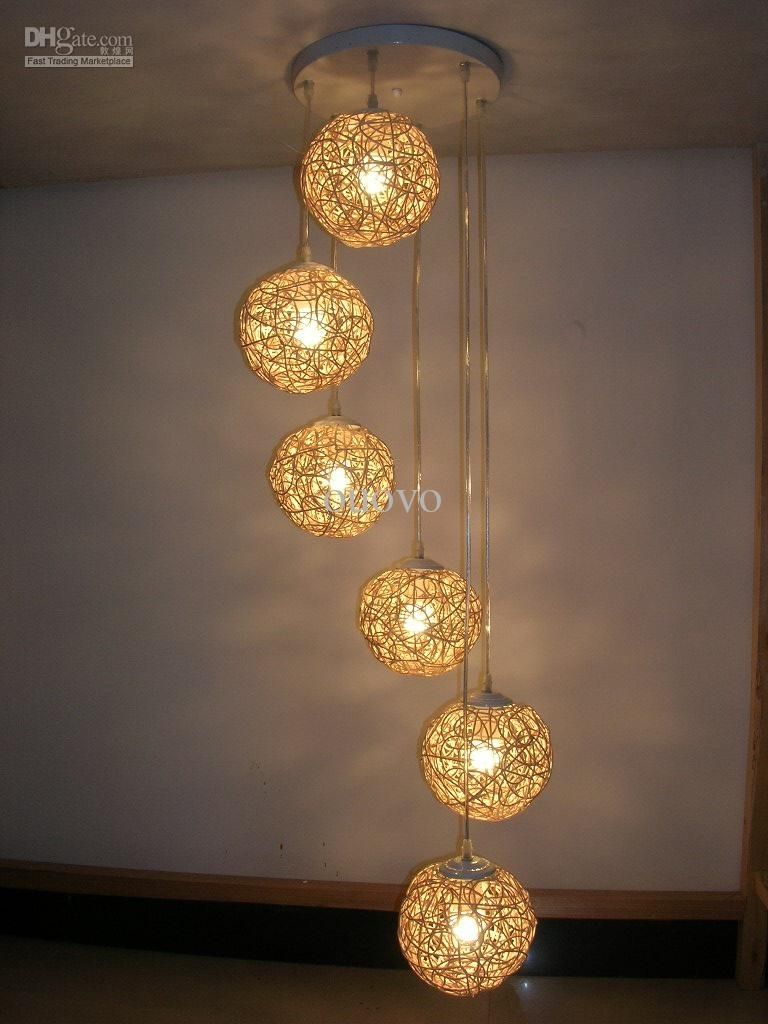 6 Light Natural Rattan Woven Ball Stair Pendant Light Living Room Throughout Outdoor Rattan Hanging Lights (View 14 of 15)