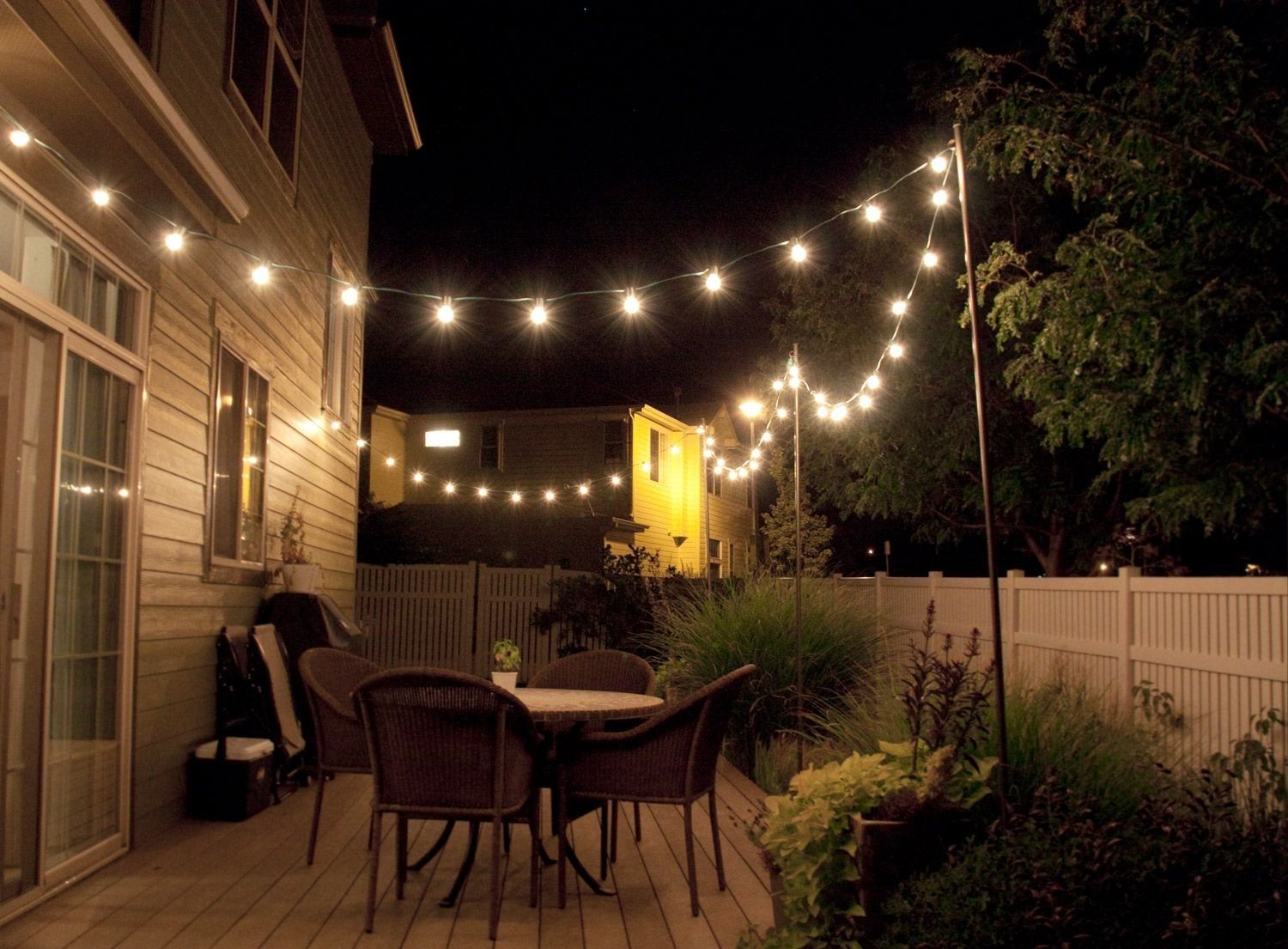 How To Make Inexpensive Poles To Hang String Lights On – Café Style Intended For Hanging Outdoor Security Lights (View 11 of 15)