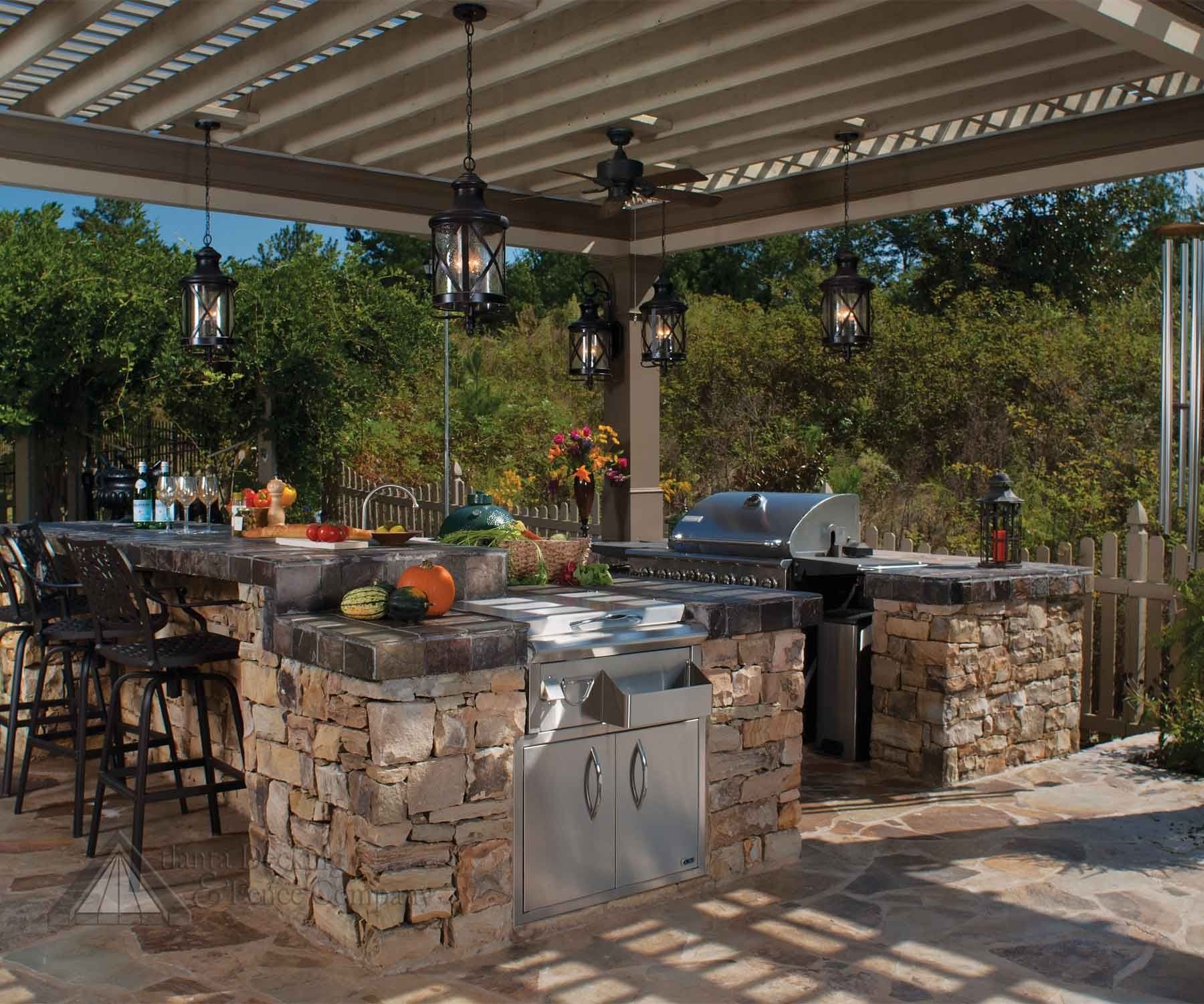 Lantern Shaped Hanging Outdoor Pendant Lights In An Outdoor Kitchen Within Outdoor Hanging Bar Lights (View 4 of 15)