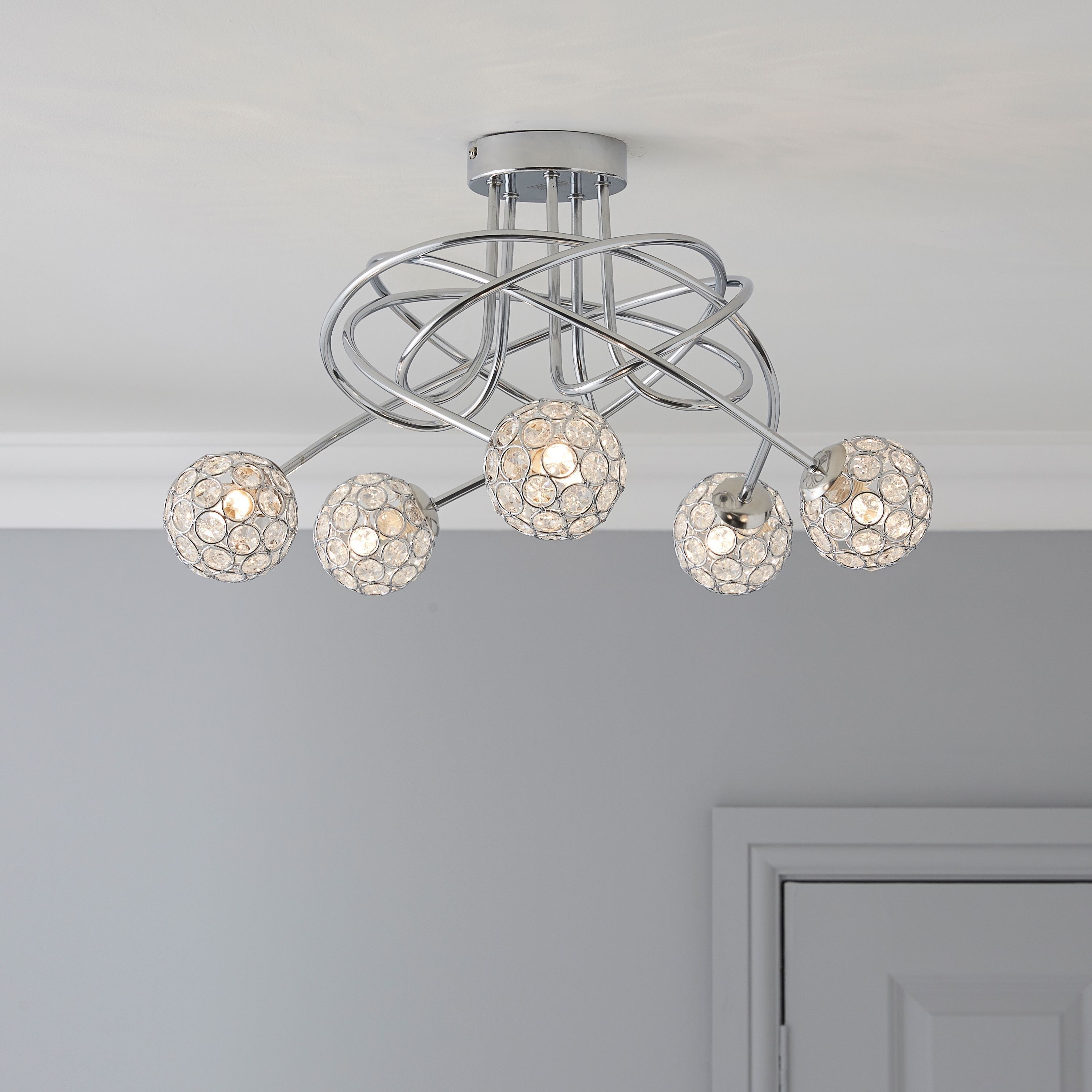 Lopez Crystal Circle Chrome Effect 5 Lamp Ceiling Light | Living With Regard To Outdoor Ceiling Lights At B&amp;q (Photo 1 of 15)