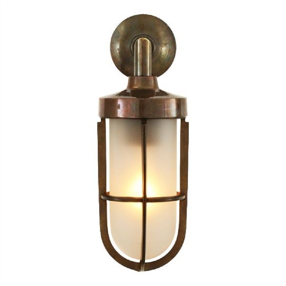 Nautical Design Solid Antique Brass Wall Light With Frosted Glass Shade With Antique Brass Outdoor Lighting (View 12 of 15)