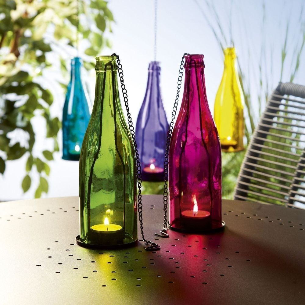 New Coloured Glass Bottle Tealight Holder Hanging Garden Lantern Inside Hanging Outdoor Tea Light Lanterns (Photo 5 of 15)