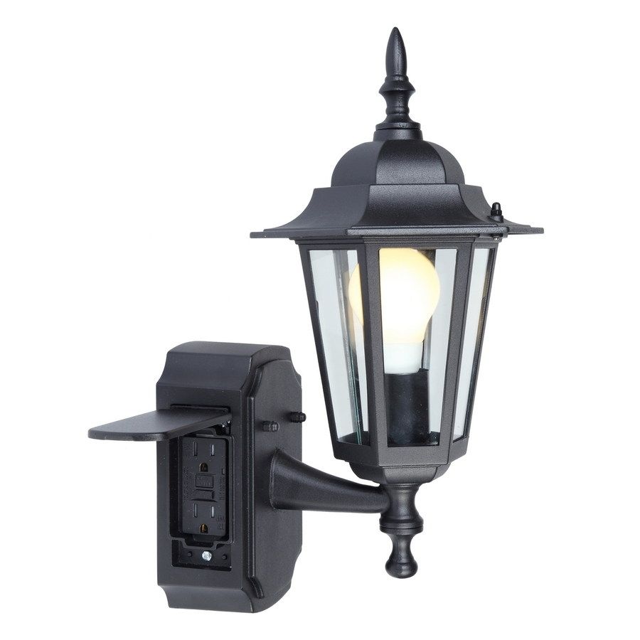 Shop Portfolio Gfci 15.75 In H Black Outdoor Wall Light At Lowes Regarding Outdoor Wall Lighting With Outlet (Photo 3 of 15)