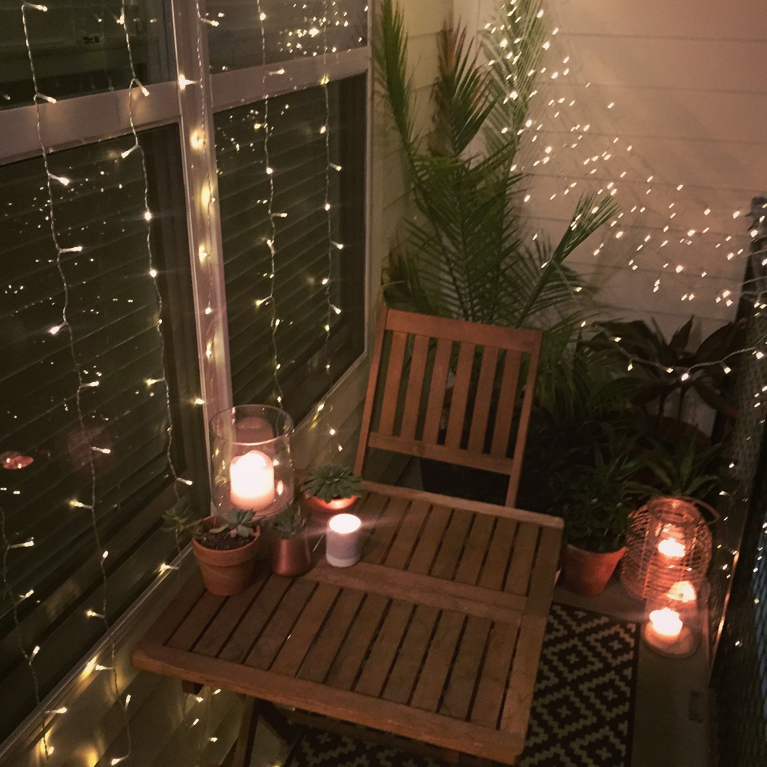Small Balcony Decor Ideas For An Apartment. Hanging String Lights Regarding Tropical Outdoor Hanging Lights (Photo 13 of 15)