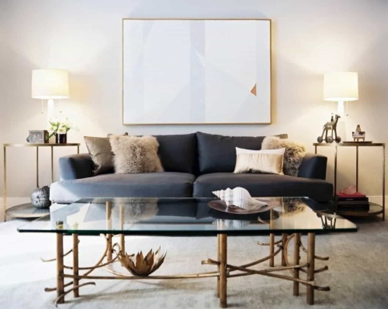 Modern Living Room With Grey Sofa And Side Tables With Table Lamps Throughout Modern Living Room Table Lamps (View 11 of 15)