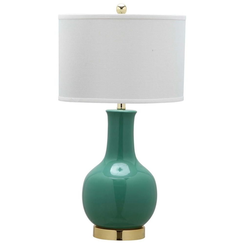 Safavieh 27.5 In. Emerald Ceramic Paris Lamp With White Shade Pertaining To Blue Living Room Table Lamps (Photo 13 of 15)