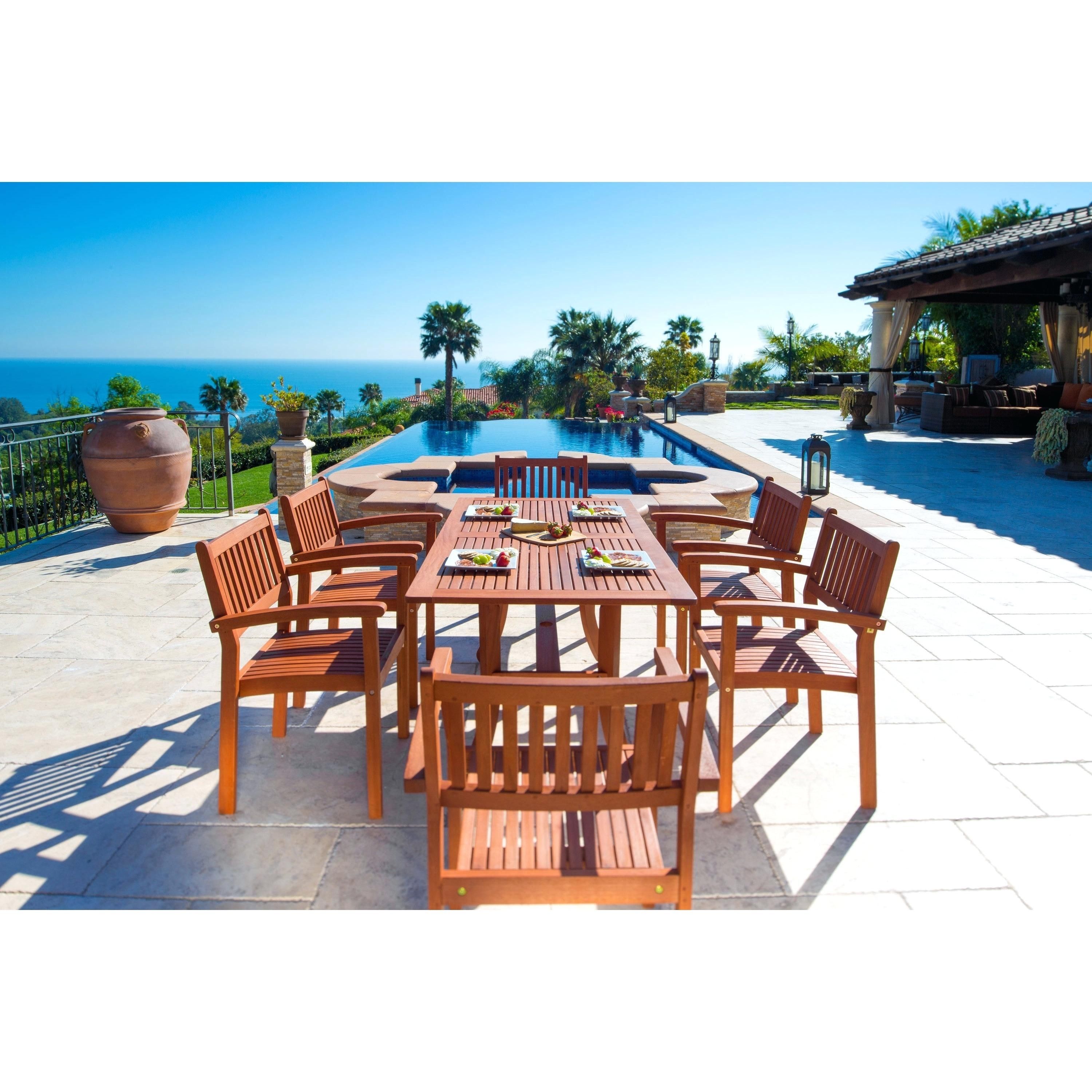 7 Piece Wood Outdoor Dining Set With Stacking Chairs Mission Ridge Within Rocking Chairs At Kroger (View 14 of 15)