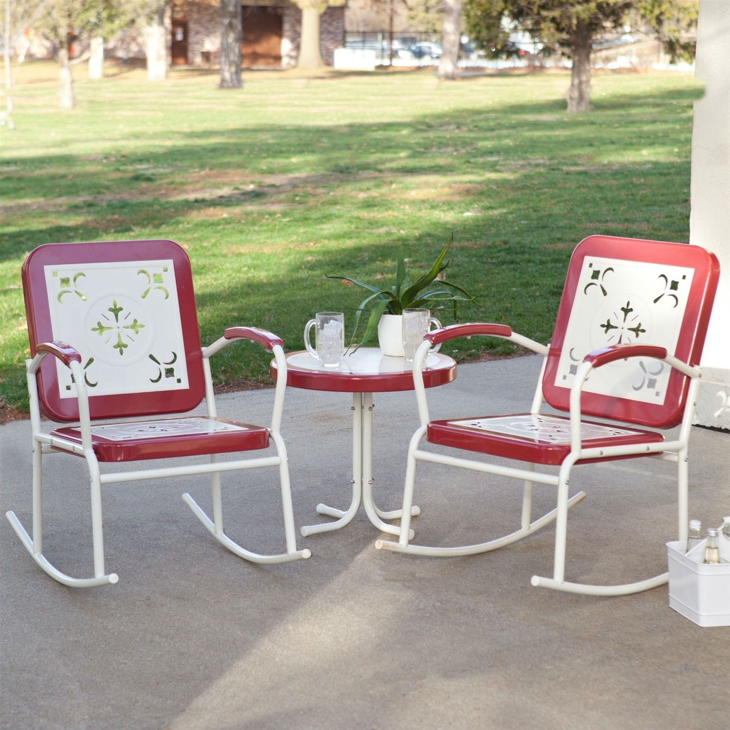 Cherry Red Retro Patio 3 Pc. Metal Rocker Rocking Chair Set In Patio Rocking Chairs Sets (Photo 3 of 15)