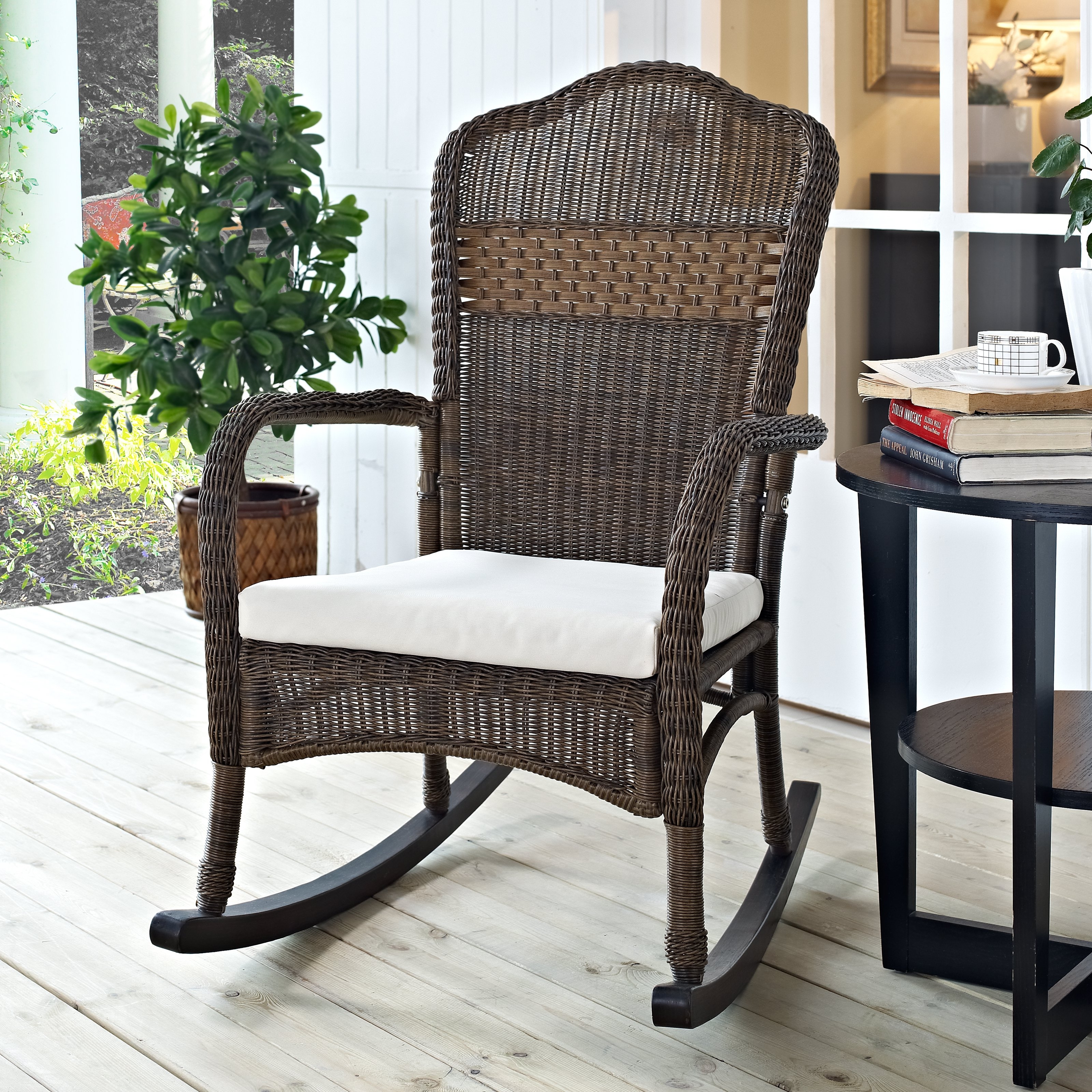 Coral Coast Mocha Resin Wicker Rocking Chair With Beige Cushion Inside Resin Wicker Rocking Chairs (Photo 1 of 15)