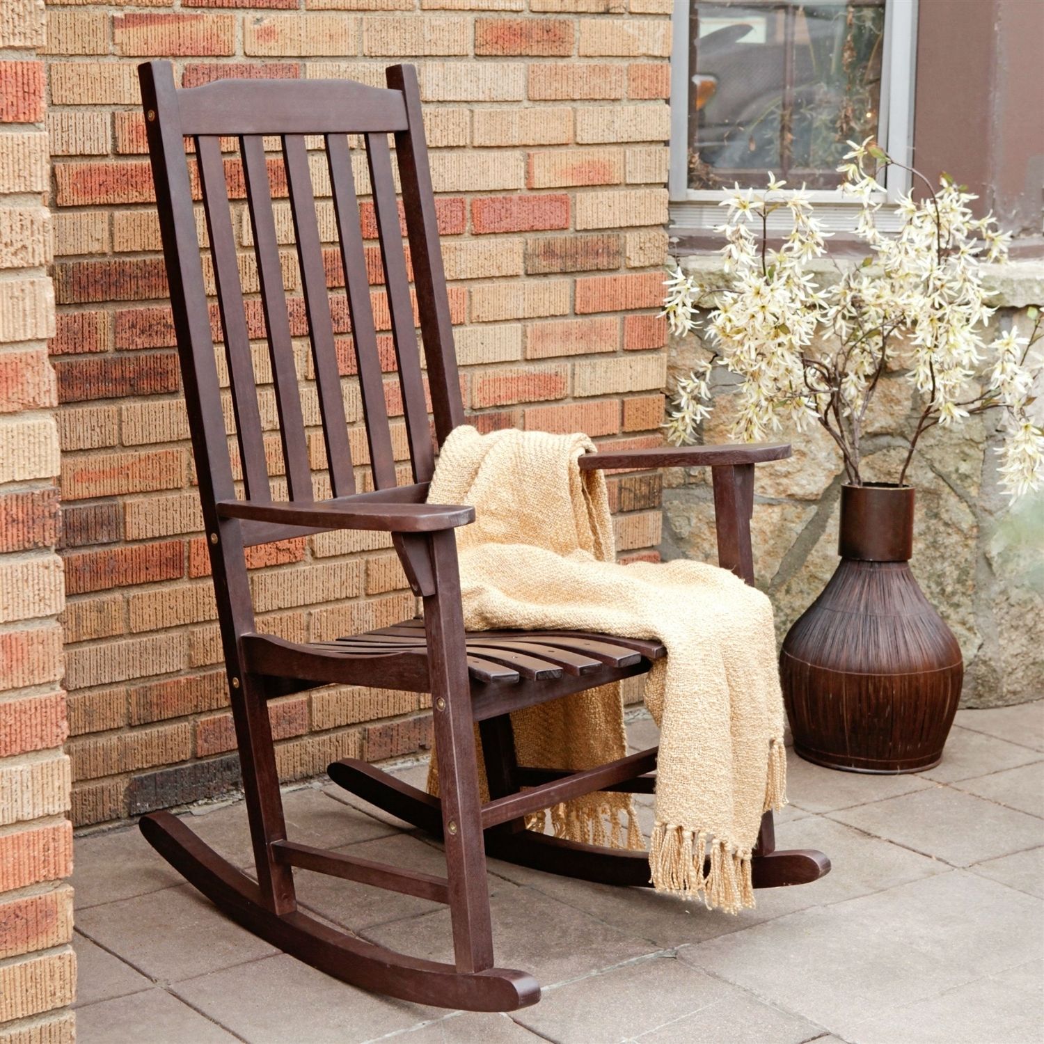 Indoor/outdoor Dark Brown Slat Rocking Chair | Fastfurnishings Regarding Brown Patio Rocking Chairs (View 4 of 15)