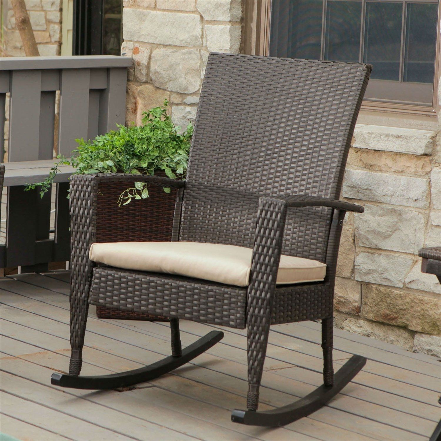 Indoor/outdoor Patio Porch Dark Brown High Back Wicker Rocking Chair For Indoor Wicker Rocking Chairs (View 10 of 15)