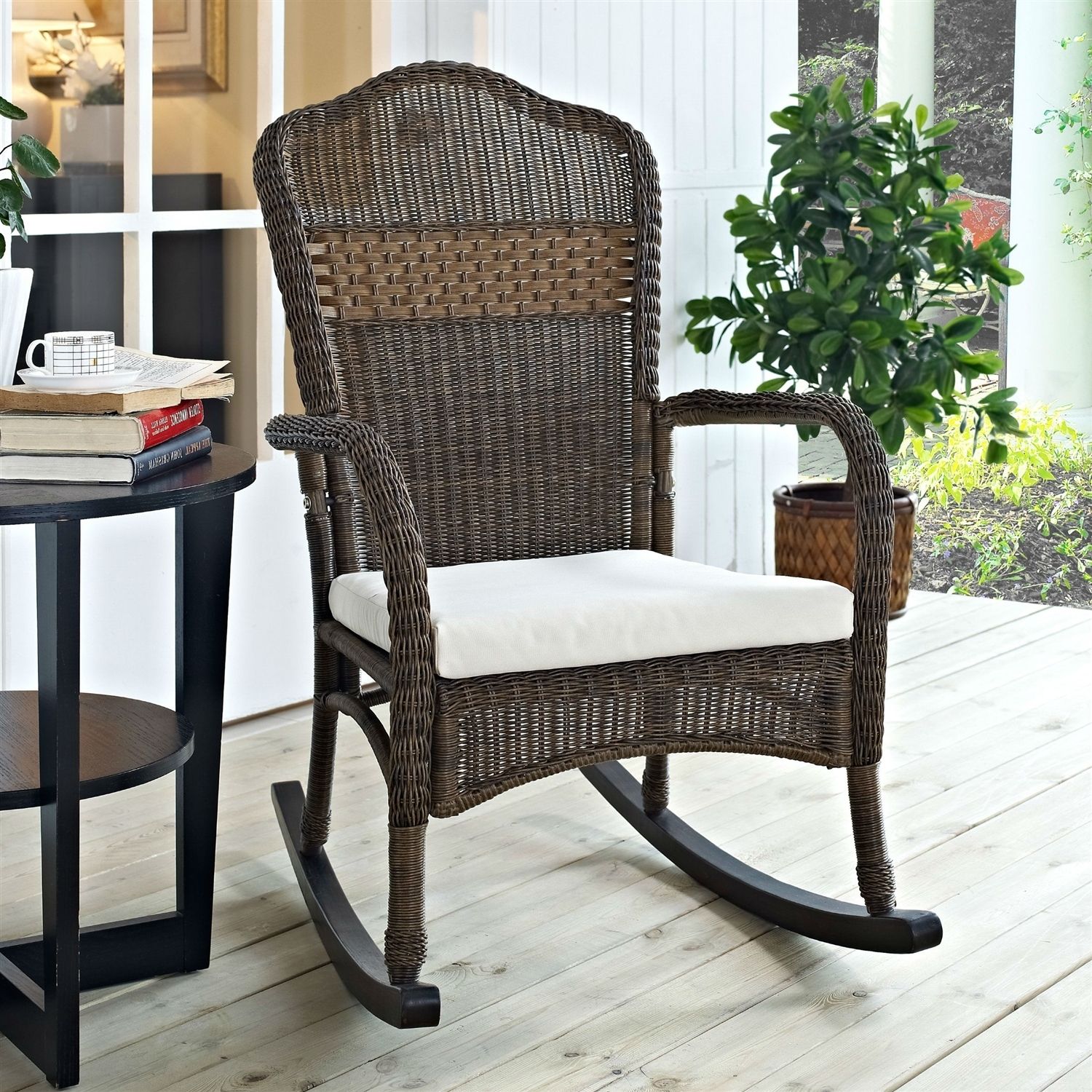 Indoor/outdoor Patio Porch Mocha Wicker Rocking Chair With Beige With Indoor Wicker Rocking Chairs (Photo 2 of 15)