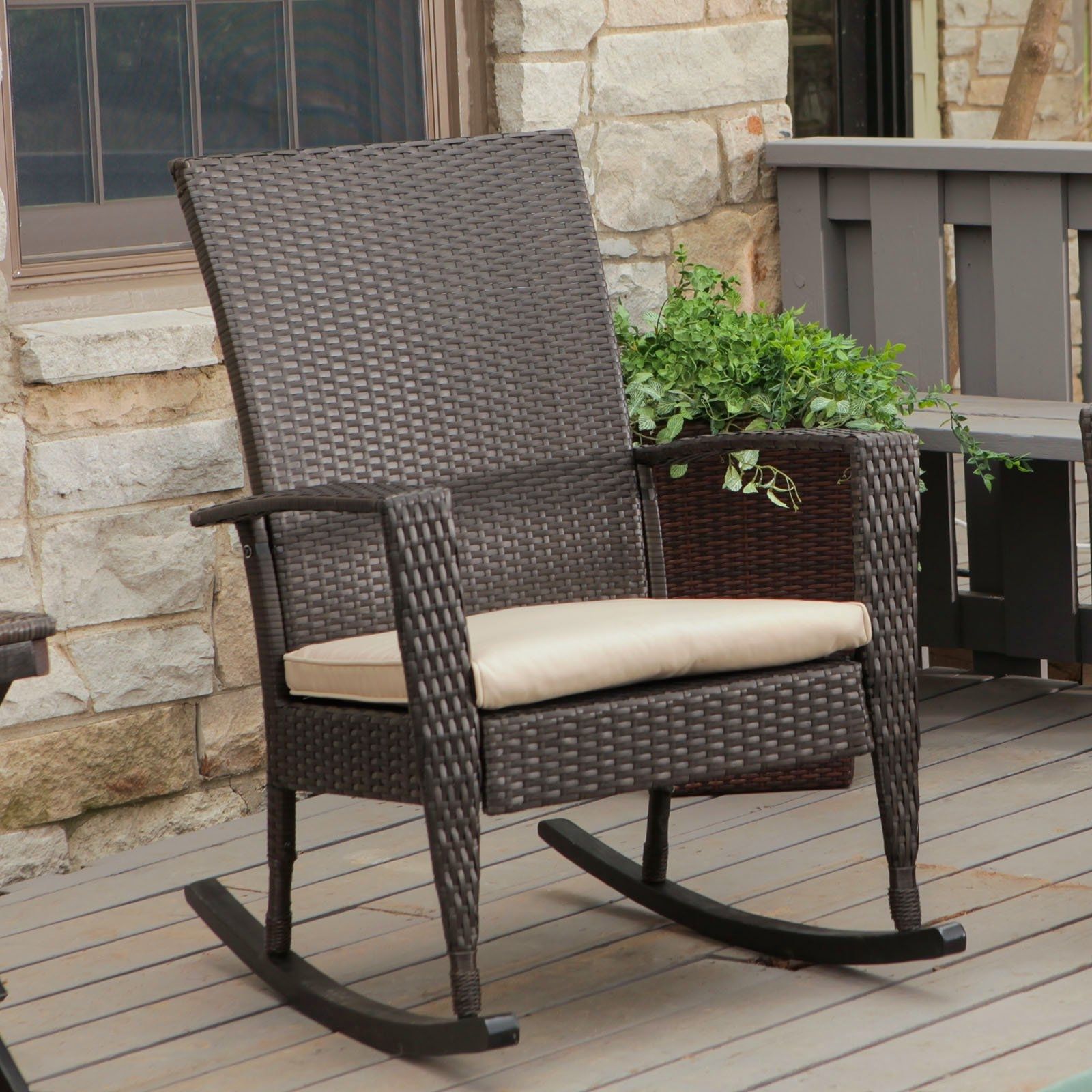 Outdoor: Wicker Rocking Chair In Brown With Stone Wall For Modern Regarding All Weather Patio Rocking Chairs (View 9 of 15)