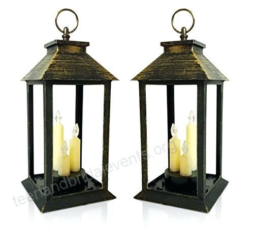 Candle Lanterns Set Of 2 Antique Gold With 3 Led Taper Candles Throughout Indoor Outdoor Lanterns (View 7 of 15)