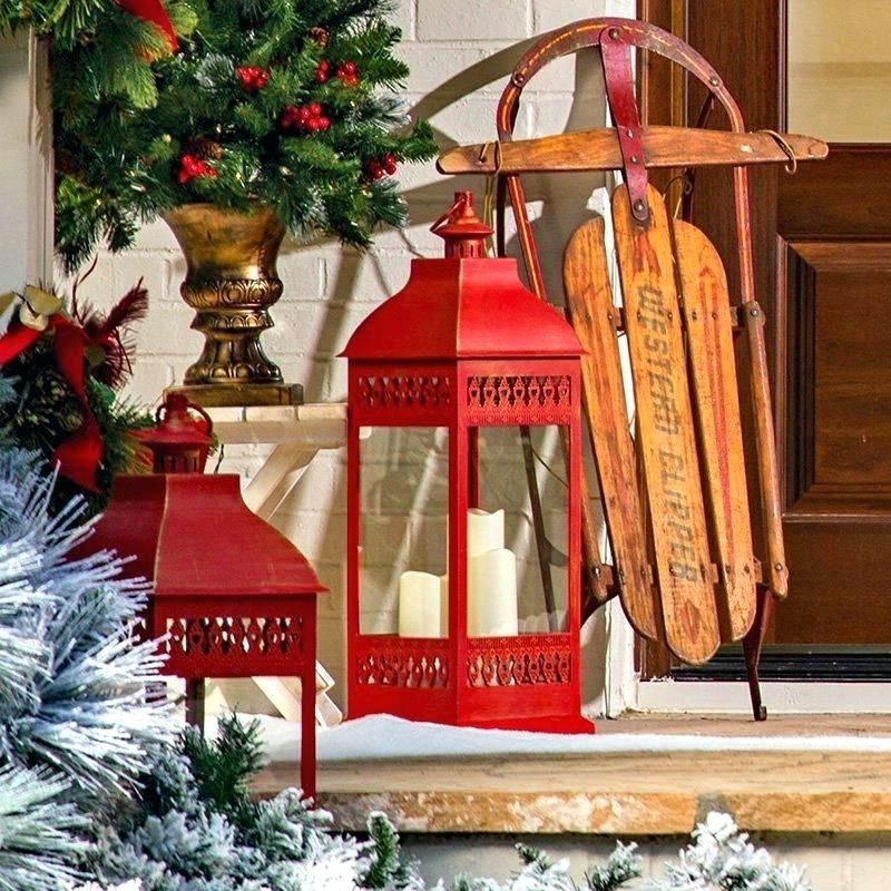 Outdoor Lanterns Red Triple Pillar Candle Lantern Inch Timer Solar For Outdoor Timer Lanterns (View 6 of 15)