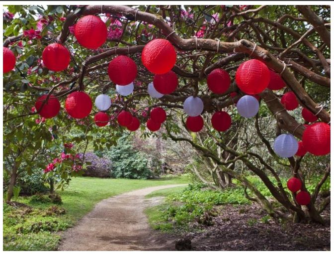 Red And White Nylon Lanterns Cover This Garden Path (View 15 of 15)